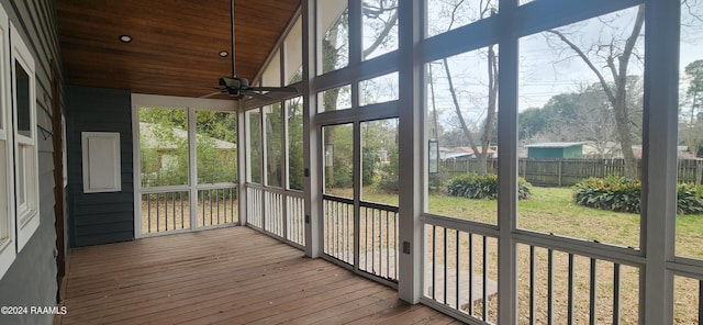 unfurnished sunroom with wood ceiling and ceiling fan