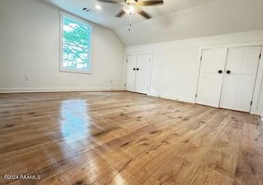 additional living space featuring lofted ceiling, ceiling fan, and hardwood / wood-style flooring