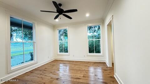 unfurnished room featuring crown molding, a healthy amount of sunlight, wood-type flooring, and ceiling fan