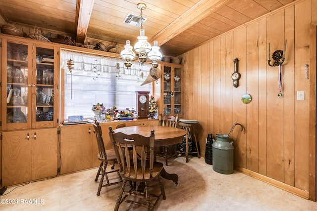 dining area with beam ceiling, wood ceiling, a chandelier, and wooden walls