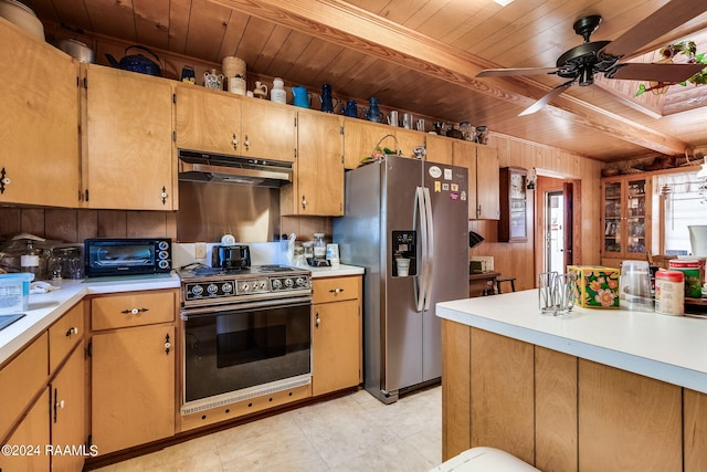 kitchen featuring stainless steel fridge, ceiling fan, light tile floors, wood ceiling, and stove