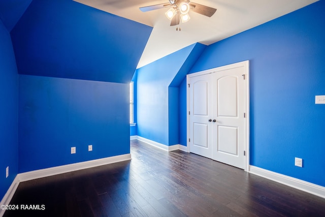 bonus room featuring vaulted ceiling, ceiling fan, and dark hardwood / wood-style floors