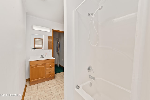 bathroom with tile flooring, shower / bathtub combination with curtain, oversized vanity, and crown molding