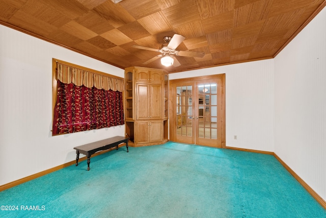 unfurnished room featuring light carpet, wood ceiling, ceiling fan, and french doors