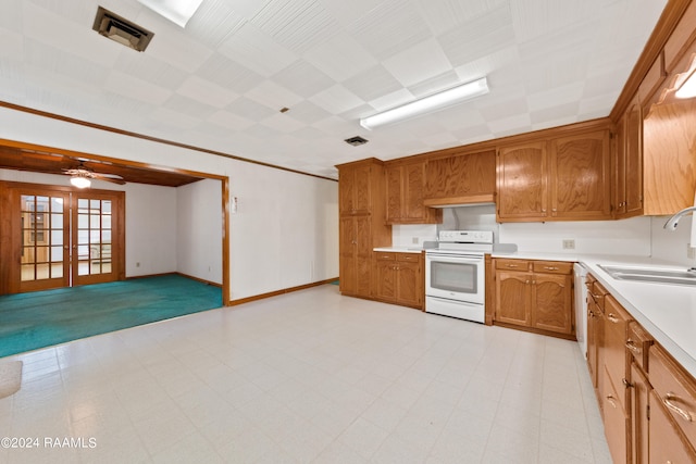 kitchen featuring french doors, white appliances, ceiling fan, light tile floors, and sink