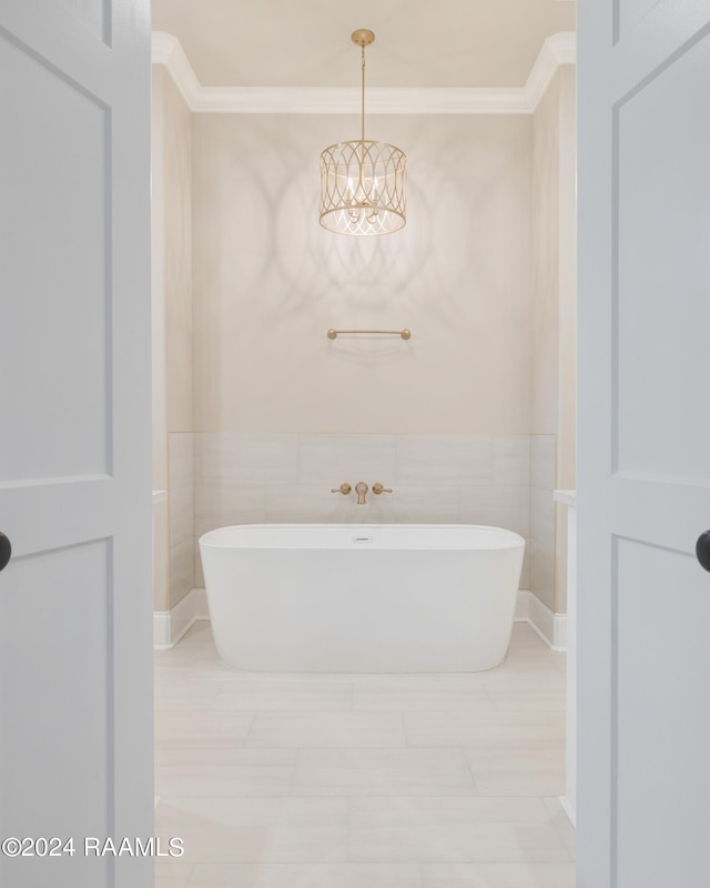 bathroom featuring ornamental molding, tile flooring, and tile walls