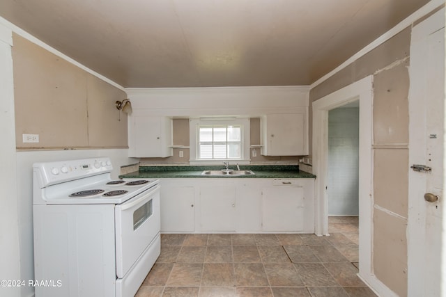 kitchen featuring white range with electric stovetop, light tile floors, ornamental molding, white cabinets, and sink