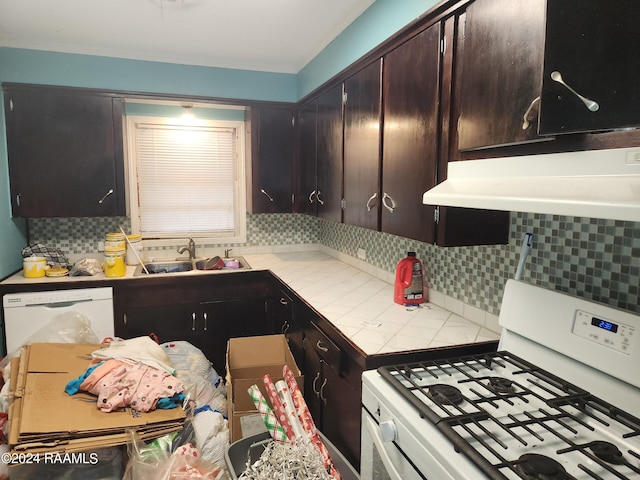 kitchen with range, white dishwasher, tasteful backsplash, and sink