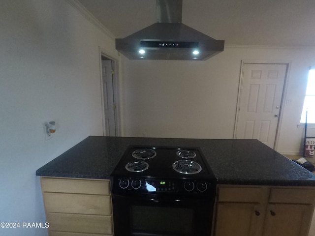 kitchen featuring crown molding, range hood, and black electric range