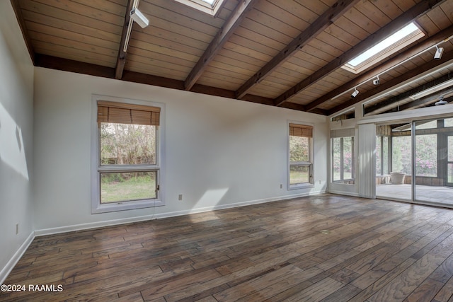 unfurnished room with lofted ceiling with skylight, wood ceiling, and dark hardwood / wood-style flooring