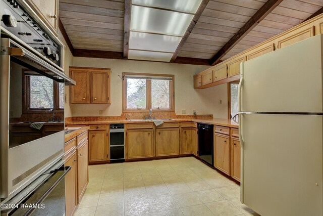 kitchen featuring light tile floors, white fridge, wooden ceiling, black dishwasher, and stainless steel double oven