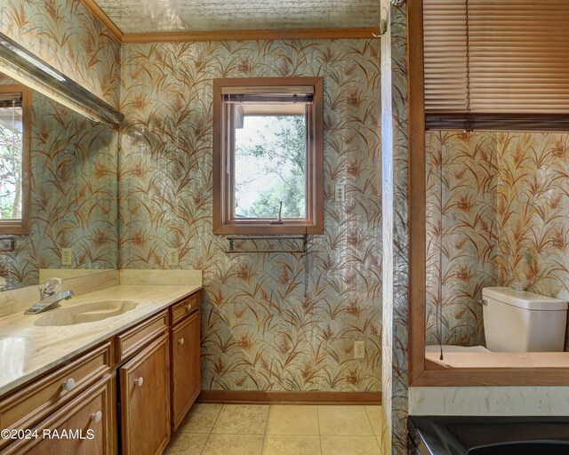 bathroom with tile floors, toilet, vanity, and crown molding