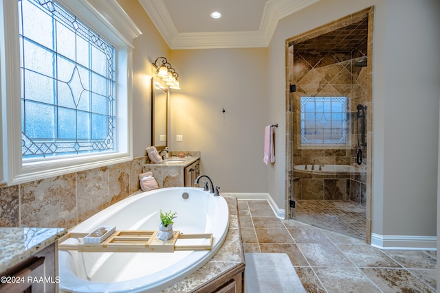 100 Giverny Pl, Lafayette, LA 70508 - bathroom with vanity, a garden tub, a stall shower, and crown molding
