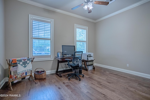 100 Giverny Pl, Lafayette, LA 70508 - home office with wood finished floors, ornamental molding, and a ceiling fan