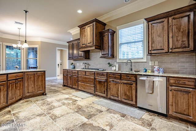 100 Giverny Pl, Lafayette, LA 70508 - kitchen featuring dishwasher, backsplash, plenty of natural light, a chandelier, and crown molding