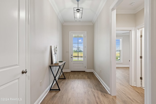 doorway with crown molding and light hardwood / wood-style floors