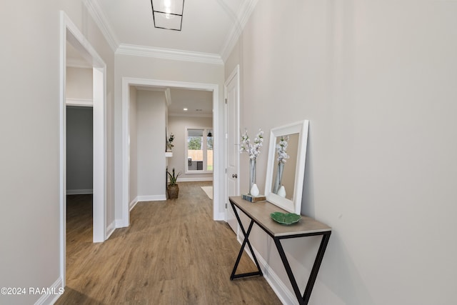 corridor with wood-type flooring and crown molding