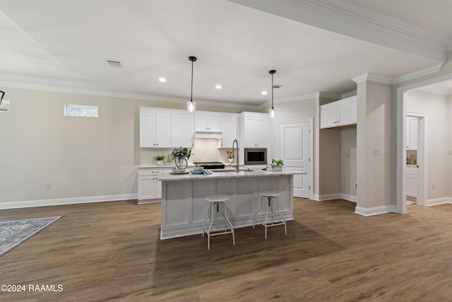 kitchen featuring sink, white cabinetry, hanging light fixtures, an island with sink, and dark hardwood / wood-style flooring