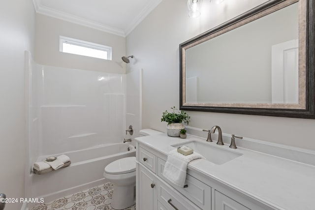 full bathroom with toilet, vanity, tile patterned floors, crown molding, and shower / bathtub combination