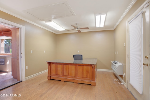 office with ceiling fan, crown molding, and light wood-type flooring