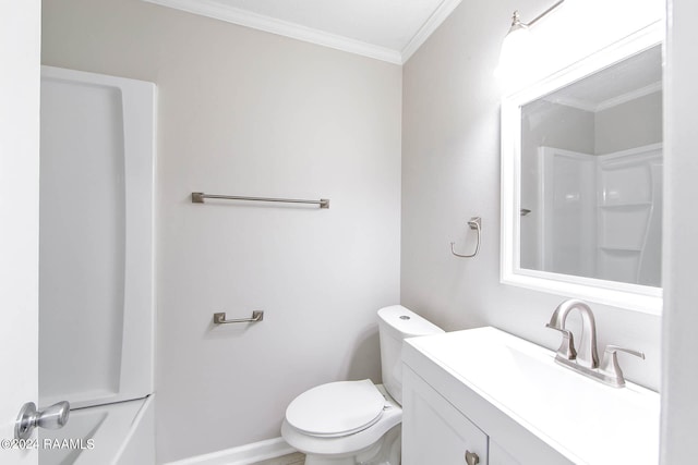 full bathroom featuring toilet, bathtub / shower combination, vanity, and crown molding