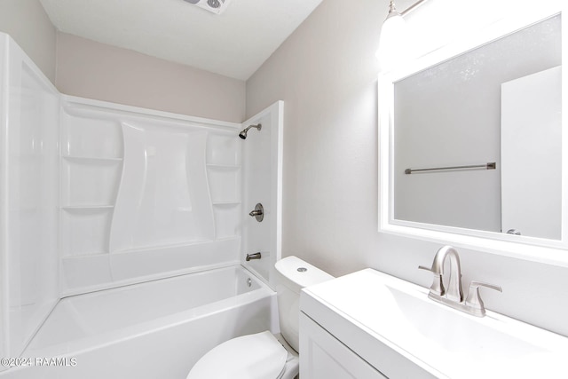 full bathroom with shower / bathing tub combination, toilet, and vanity