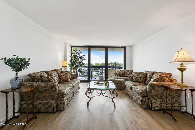 living room featuring expansive windows and wood finished floors