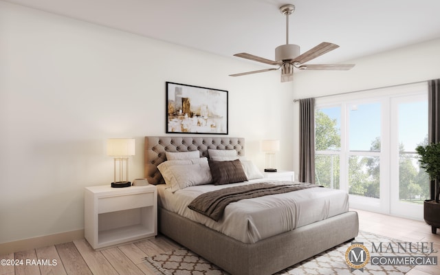 bedroom featuring light hardwood / wood-style floors, ceiling fan, and access to exterior