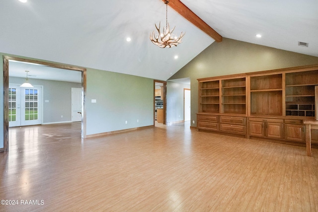 unfurnished living room with an inviting chandelier, high vaulted ceiling, beamed ceiling, and light hardwood / wood-style floors