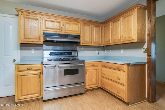 kitchen featuring double oven range and light hardwood / wood-style floors