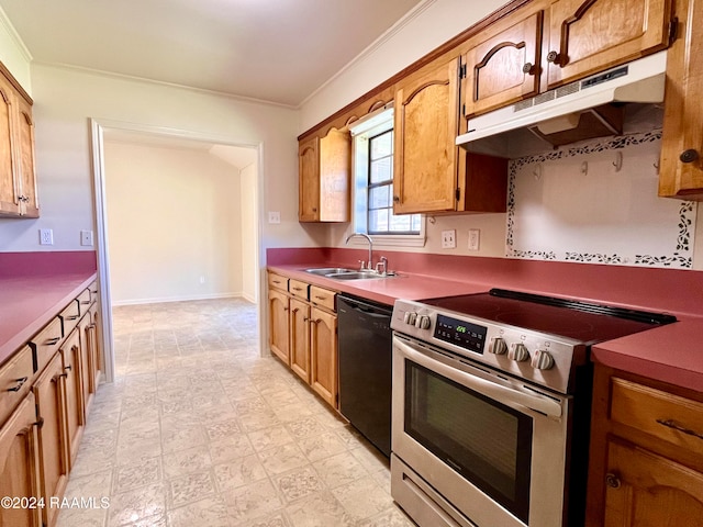 kitchen featuring dishwasher, stainless steel range oven, sink, and crown molding