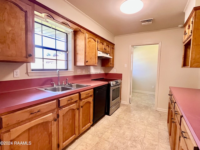 kitchen with electric range, sink, and black dishwasher