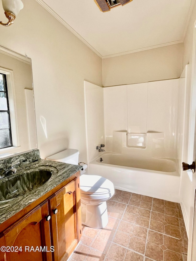 full bathroom with vanity, tile patterned floors, toilet, ornamental molding, and shower / bath combination