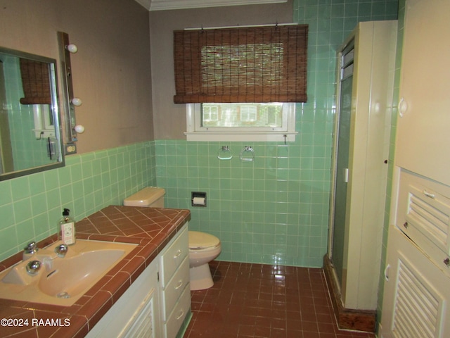 bathroom featuring backsplash, tile walls, toilet, and tile floors