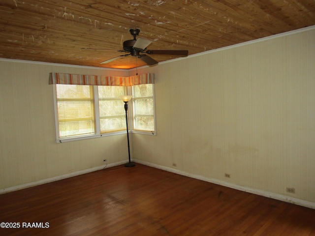 spare room with wooden ceiling, a ceiling fan, and dark wood-type flooring