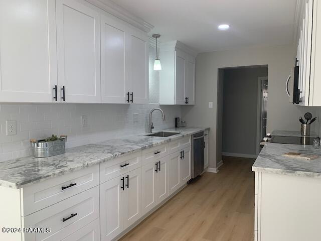 kitchen featuring white cabinetry, a sink, and dishwashing machine