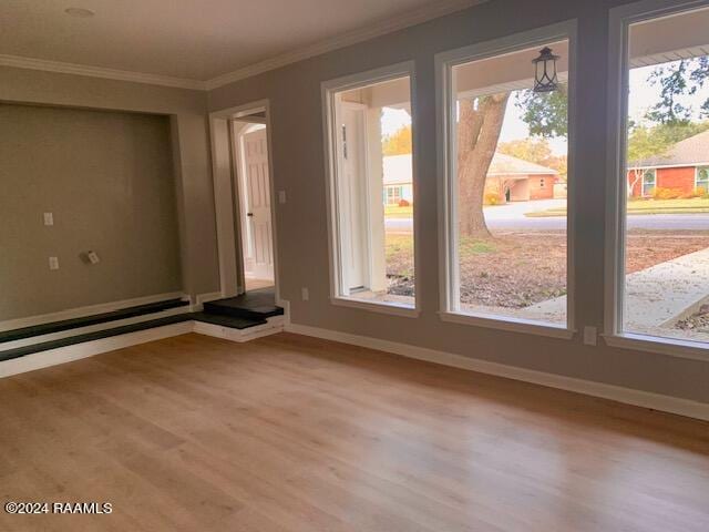 empty room with light wood-style floors, crown molding, and baseboards