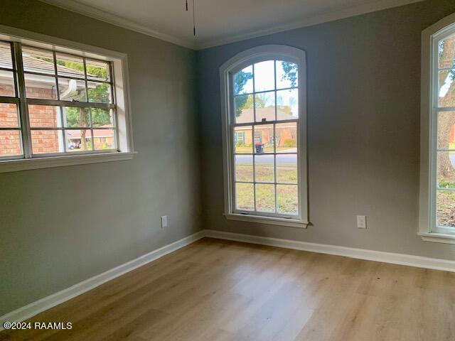 empty room with ornamental molding, wood finished floors, a wealth of natural light, and baseboards