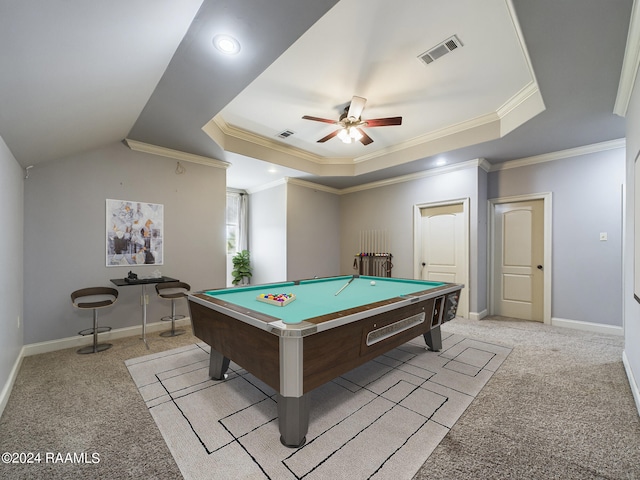 rec room featuring billiards, ornamental molding, ceiling fan, a raised ceiling, and light carpet