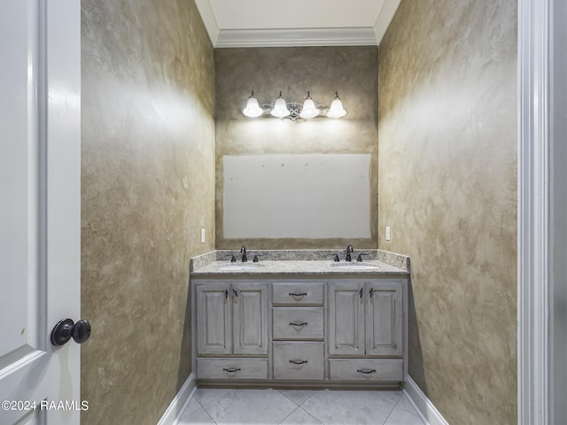 bathroom with vanity, tile patterned floors, and ornamental molding