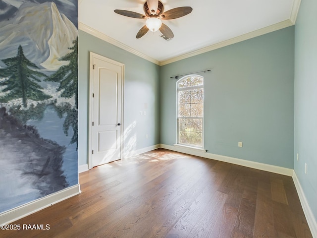 unfurnished room with crown molding, wood-type flooring, and ceiling fan