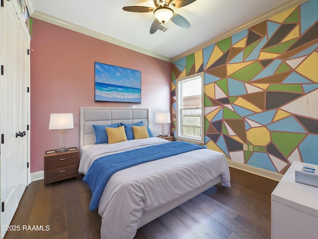 bedroom featuring ornamental molding and dark hardwood / wood-style flooring