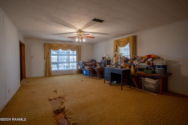 misc room with carpet, ornamental molding, and ceiling fan