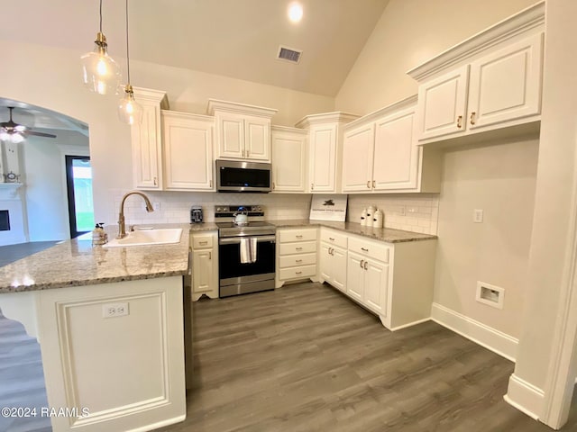 kitchen featuring dark hardwood / wood-style floors, appliances with stainless steel finishes, sink, kitchen peninsula, and lofted ceiling