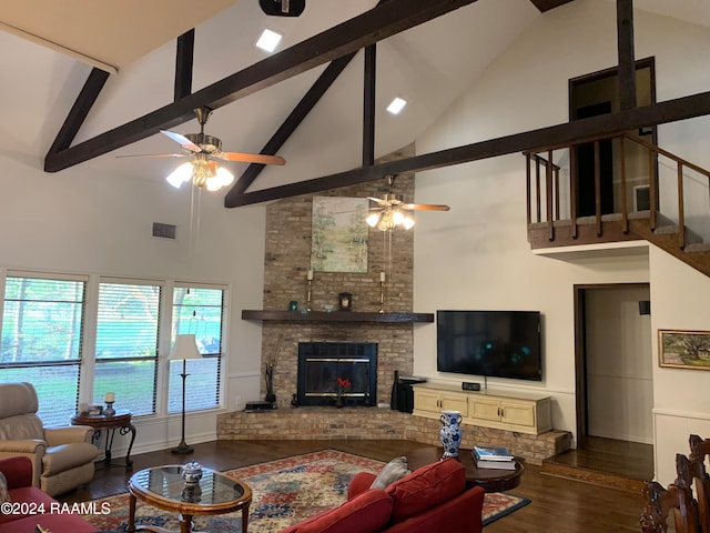 living room with high vaulted ceiling, a brick fireplace, ceiling fan, and dark hardwood / wood-style floors