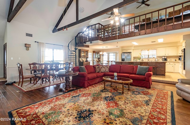 tiled living room with high vaulted ceiling, beam ceiling, and ceiling fan