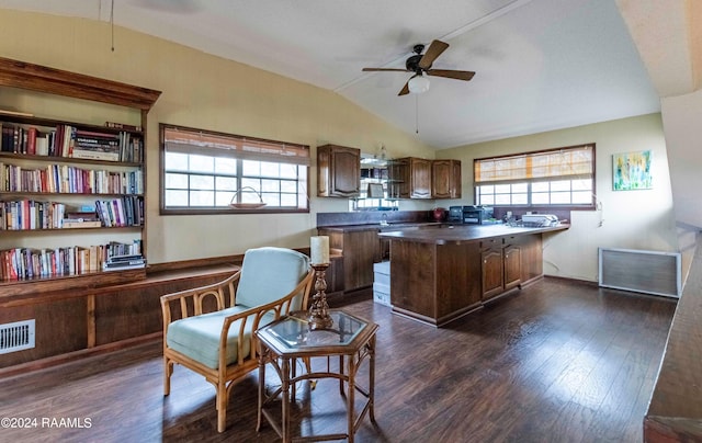 kitchen with dark hardwood / wood-style flooring, ceiling fan, and plenty of natural light