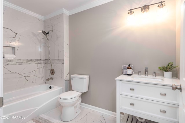 full bathroom with toilet, crown molding, tiled shower / bath, tile flooring, and vanity