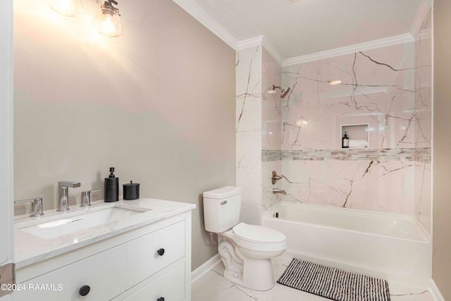 full bathroom with toilet, tiled shower / bath combo, vanity, ornamental molding, and tile flooring