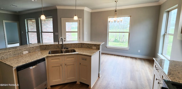 kitchen with stainless steel dishwasher, sink, hardwood / wood-style floors, and hanging light fixtures